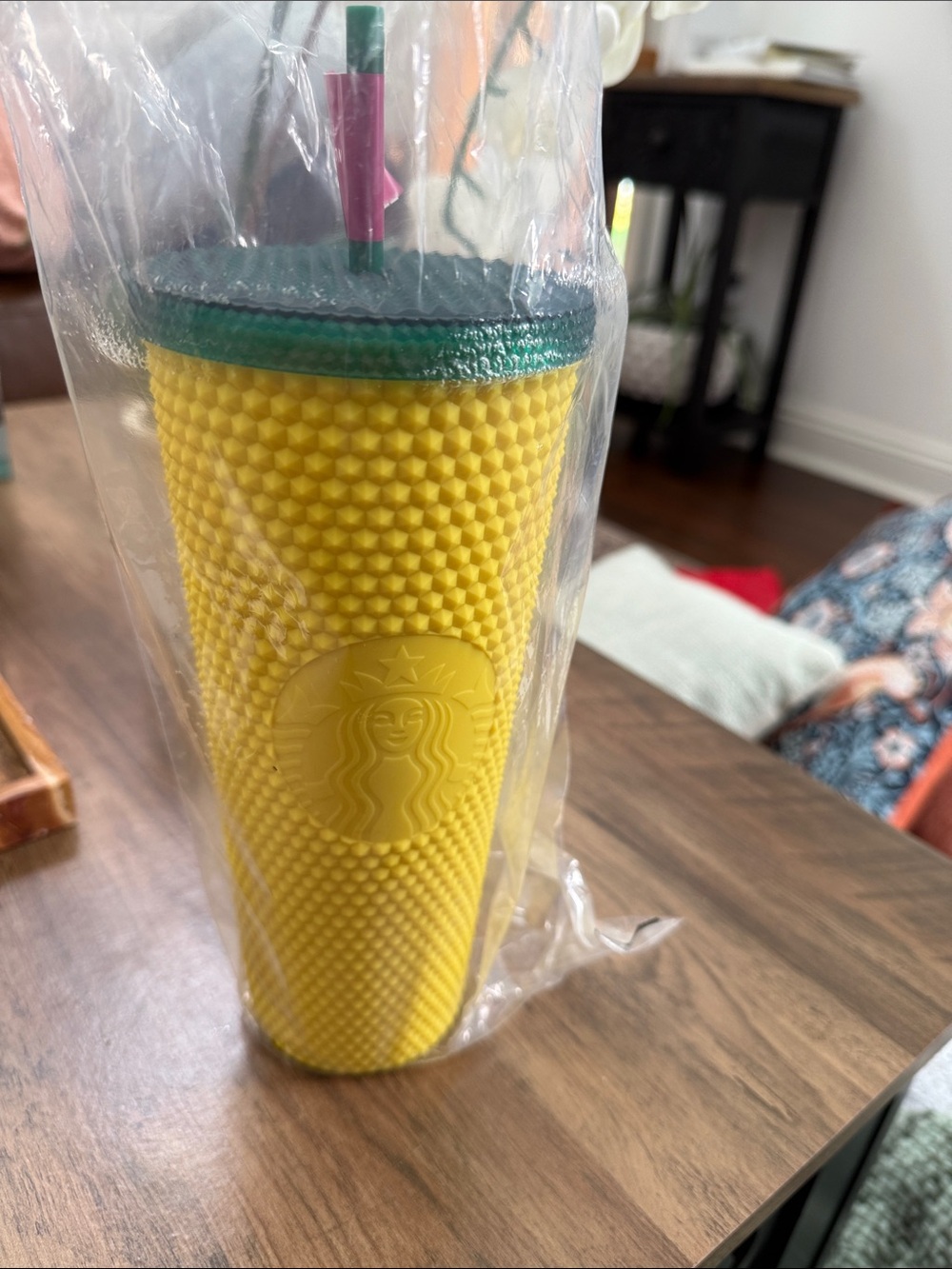 Starbucks Yellow Studded Tumbler with Green Lid and Pink-Accent Straw
